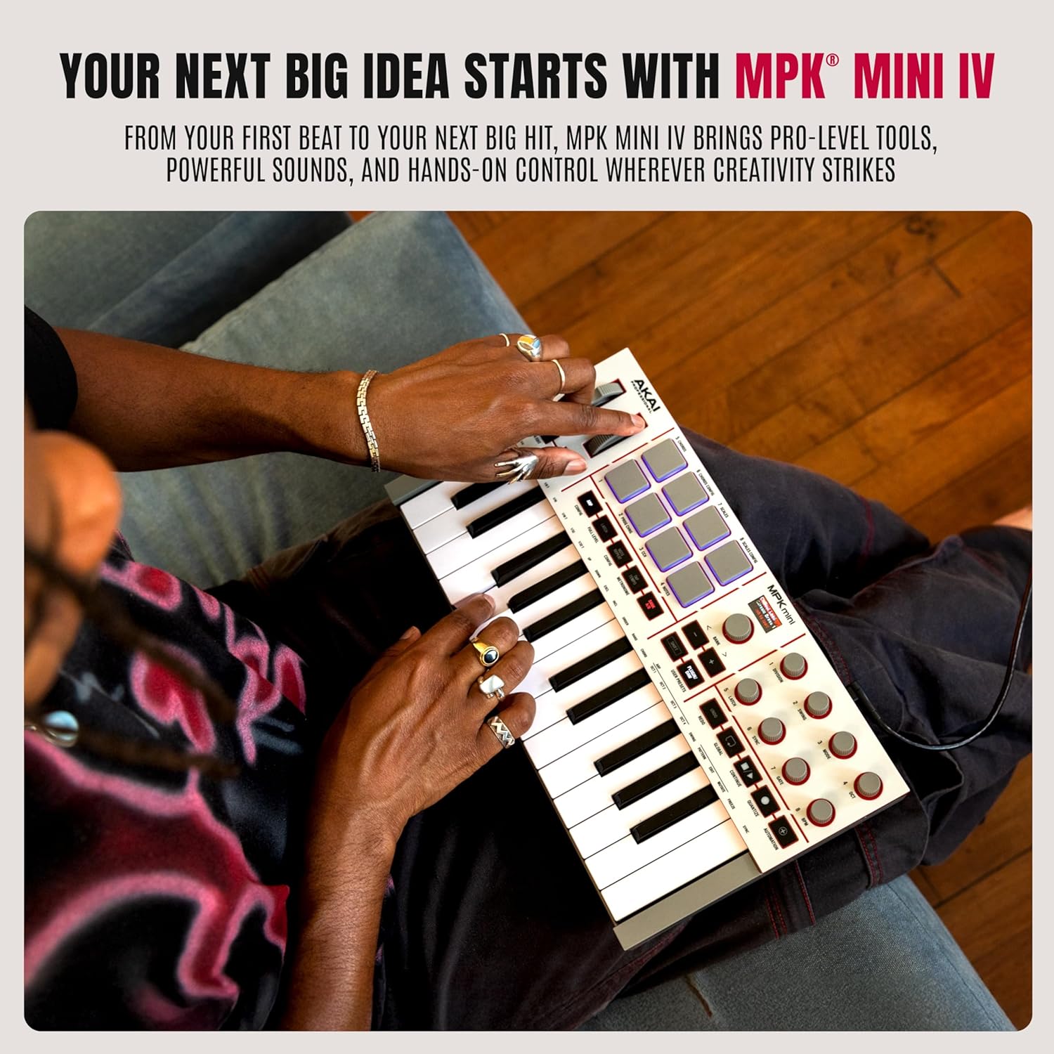 Akai Professional MPK Mini IV USB-C MIDI Controlador de teclado para principiantes y productores - Almohadillas de batería MPC, perillas de 360°, ruedas de paso y mod, software de producción, paquete de sonido de instrumentos nativos, gris