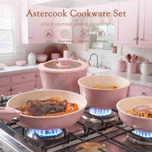 Astercook Juego de 23 ollas y sartenes antiadherentes, juego de utensilios de cocina de cerámica, mango desmontable, juego de cocina de autocaravana, asas extraíbles, apto para horno, listo para
