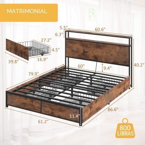 Lifezone Base de cama Queen con cabecera de almacenamiento de 2 niveles, base de cama de plataforma de metal con 4 cajones de almacenamiento, estación de carga integrada y LED, sin ruido, soporte de