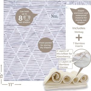 Nora's Nursery Cloth Diapers 7 Pack with 7 Inserts & 1 Wet Bag - Waterproof Cover, Washable, Reusable & One Size Adjustable Pocket Diapers for Newborns and Toddlers - Sand and Stone