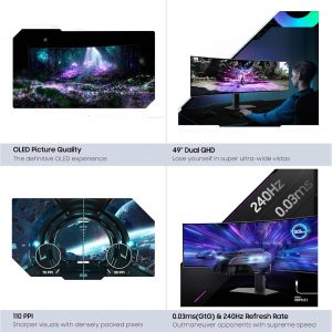 Samsung 49" Odyssey G93SC Series Curved Gaming Monitor, QD-OLED, 240Hz, 0.03ms, DQHD, G-Sync Compatible, FreeSync Premium Pro, Adjustable Stand