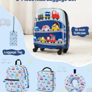 VEVOR Juego de equipaje para niños, 5 piezas, maleta con ruedas rígidas de 18 pulgadas con mochila y almohada en forma de U, juego de equipaje de mano para niños, regalo de cumpleaños de vacaciones para niñas y niños, aprobado por aerolíneas