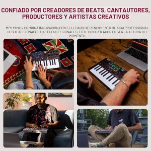 Akai Professional MPK Mini IV USB-C MIDI Controlador de teclado para principiantes y productores - Almohadillas de batería MPC, perillas de 360°, ruedas de paso y mod, software de producción, paquete de sonido de instrumentos nativos, gris