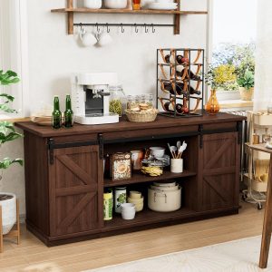 Shahoo Aparador de estilo rústico para bufé, almacenamiento de barra de café con puertas corredizas de granero, estante para el comedor del hogar, color espresso