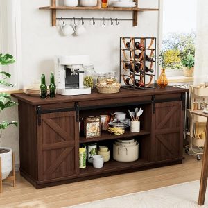 Shahoo Aparador de estilo rústico para bufé, almacenamiento de barra de café con puertas corredizas de granero, estante para el comedor del hogar, color espresso