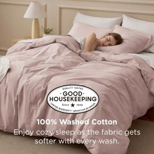 Bedsure Funda de Edredón de Algodón 100% Lavado Tamaño Queen - Funda de Edredón de Algodón Minimalista Rosa Pétalo Tipo Lino para Todas las Estaciones - Ropa de Cama Lisa Simple GentleSoft™ (Rosa
