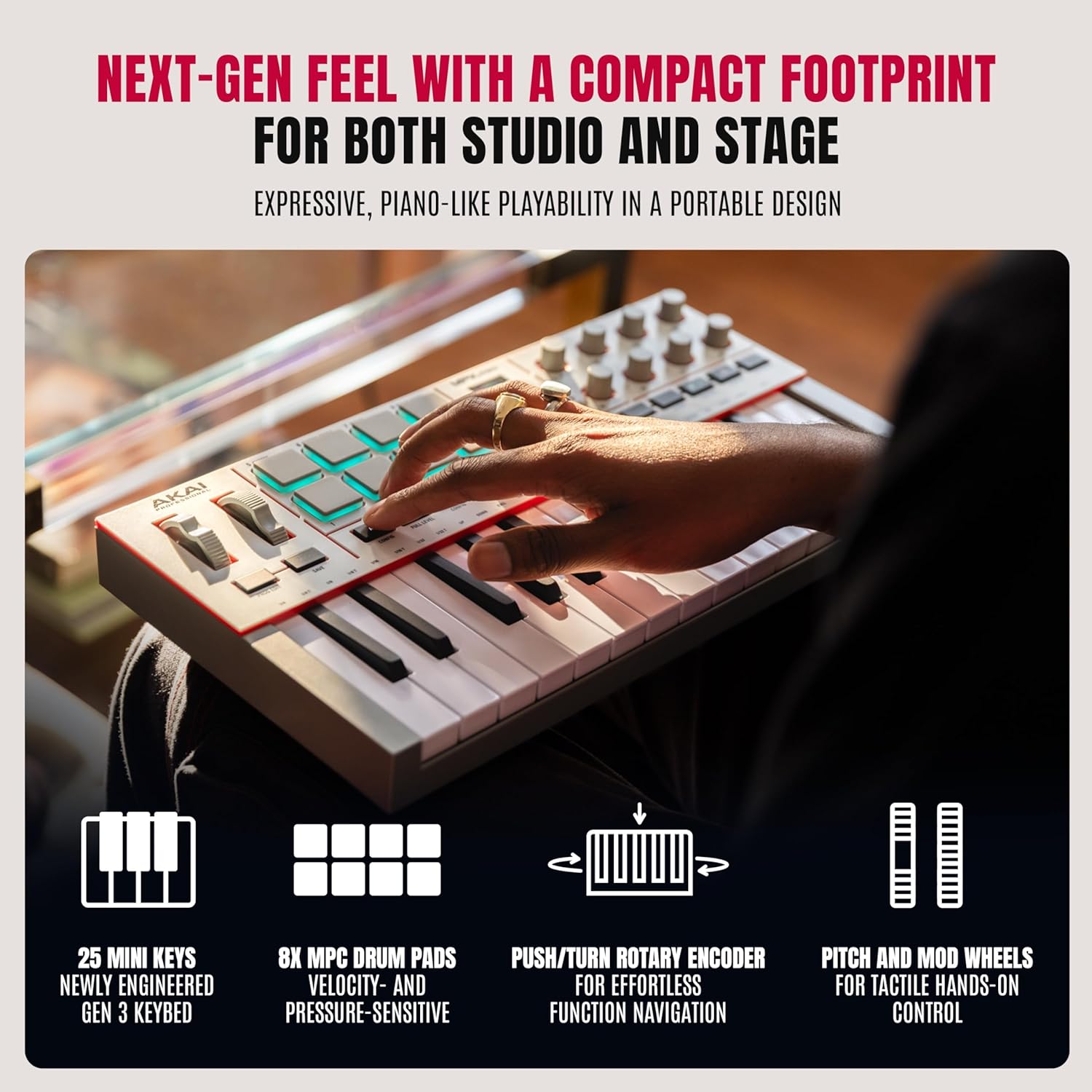 Akai Professional MPK Mini IV USB-C MIDI Controlador de teclado para principiantes y productores - Almohadillas de batería MPC, perillas de 360°, ruedas de paso y mod, software de producción, paquete de sonido de instrumentos nativos, gris