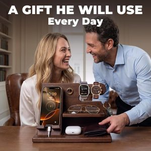 TESLYAR Estación de acoplamiento de teléfono de madera para hombres - Organizador de escritorio o mesita de noche - Regalos de cumpleaños para esposo, papá - Idea de aniversario de la esposa - Soporte