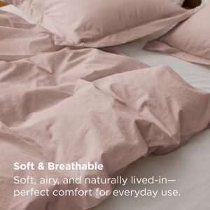 Bedsure Funda de Edredón de Algodón 100% Lavado Tamaño Queen - Funda de Edredón de Algodón Minimalista Rosa Pétalo Tipo Lino para Todas las Estaciones - Ropa de Cama Lisa Simple GentleSoft™ (Rosa