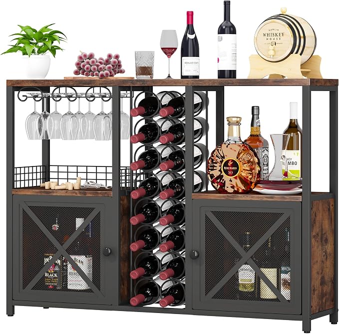 Homeiju Mini Bares para el Hogar, Gabinete de Bar de Café de Madera, Gabinete Moderno de Licores para Licores y Copas, Gabinete de Vino Buffet Estilo Granja con Aparador de Almacenamiento para Hogar