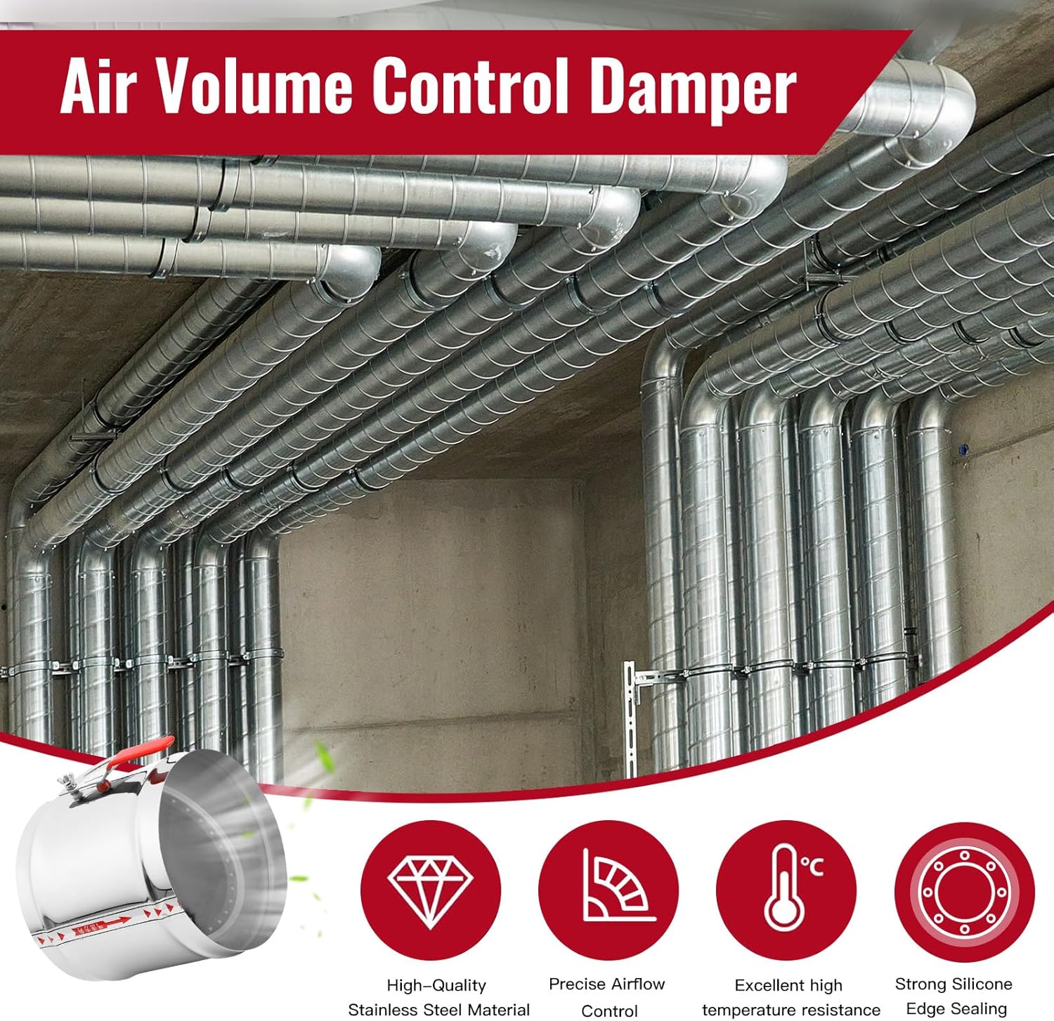 10 pulgadas HVAC Duct Manual Volume Backdraft Damper, Stainless Steel Adjustment Handle, Airflow Control Valve for HVAC Ventilation System