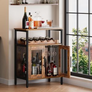 X-cosrack Armario para bar de vinos con estante desmontable para vinos, barra de café con soporte para vidrio, aparador pequeño y gabinete de buffet con puerta de malla, marrón rústico (patente