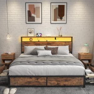 Lifezone Base de cama Queen con cabecera de almacenamiento de 2 niveles, base de cama de plataforma de metal con 4 cajones de almacenamiento, estación de carga integrada y LED, sin ruido, soporte de