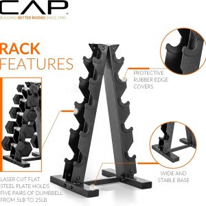 CAP Juego de mancuernas hexagonales con revestimiento de goma con estante de almacenamiento, opciones de 100 a 210 libras, almacenamiento compacto vertical que ahorra espacio para entrenamiento de fuerza en el gimnasio en casa