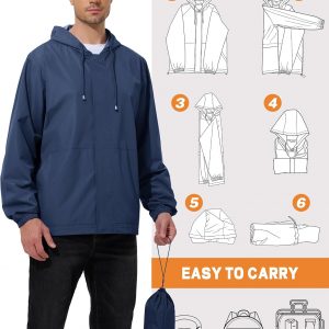 UIQUR Chaqueta impermeable para hombre, rompevientos, ciclismo, correr, senderismo, golf, viajes, capucha, ligera, plegable