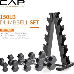 CAP Juego de mancuernas hexagonales con revestimiento de goma con estante de almacenamiento, opciones de 100 a 210 libras, almacenamiento compacto vertical que ahorra espacio para entrenamiento de fuerza en el gimnasio en casa