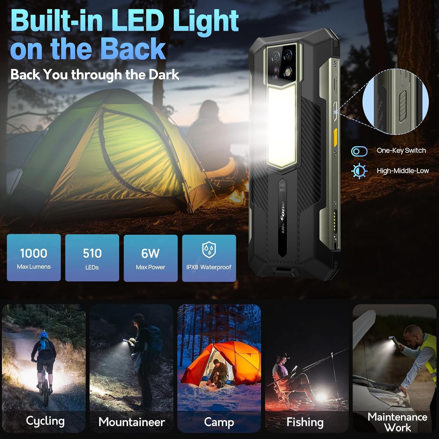 Ulefone Armor 24 22000mAh Mega Battery Unlocked Rugged Phone, Camping Light, 24GB RAM +256GB ROM, 6.78" FHD+120Hz Screen, 64MP Main Camera + 64MP Night Vision Camera, Android 14 Rugged Smartphone NFC