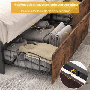 Lifezone Base de cama Queen con cabecera de almacenamiento de 2 niveles, base de cama de plataforma de metal con 4 cajones de almacenamiento, estación de carga integrada y LED, sin ruido, soporte de
