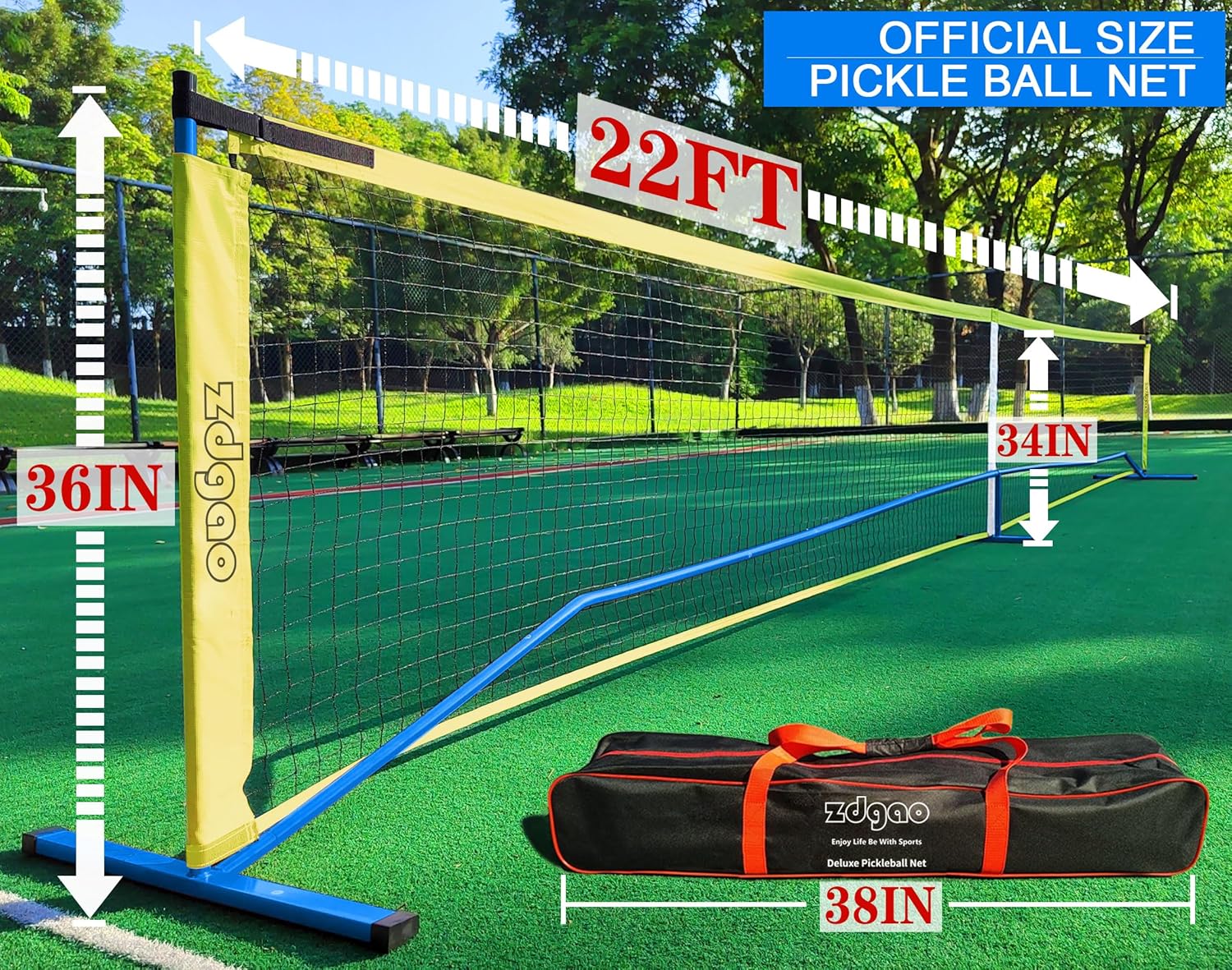 Zdgao Portable Pickleball Net for Driveway, 22FT Regularion Size Pickle Ball Net with Pickleballs and Carry Bag, Easy Setup for Indoor Gym, Outdoor Court, Backyard, Street