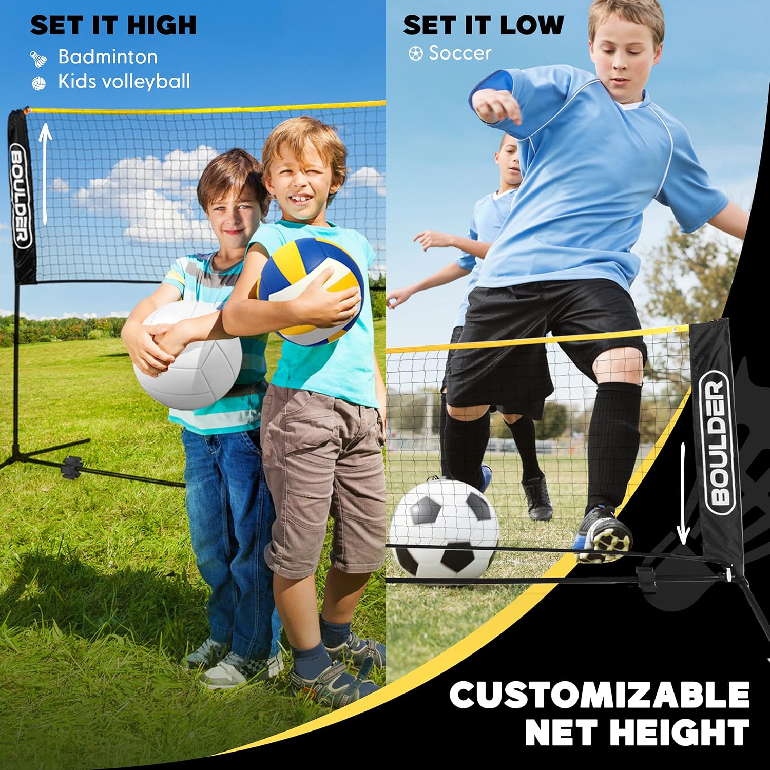 Boulder Portable Badminton Pickleball Net - Foldable/Extendable Poles for Multiple Sports Heights (UP to 5 ft) - Ideal for Tennis, Pickleball, Soccer Tennis - Easy Setup
