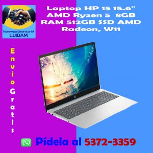 Laptop HP, 15.6" AMD Ryzen 5, 8GB RAM 512GB SSD AMD Radeon, W11 Home Azul Teclado Español