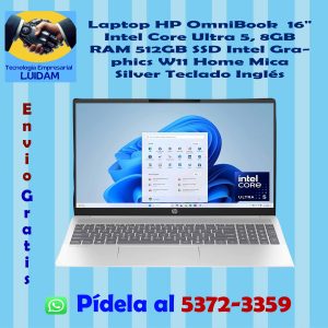 Laptop HP OmniBook 3, 16" Intel Core Ultra 5, 8GB RAM 512GB SSD Intel Graphics W11 Home Mica Silver Teclado Inglés