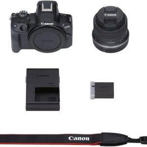 Canon Cámara sin espejo EOS R50 con lente de 0.709-1.772 in, APS-C de 24.2 MP, video 4K, doble píxel CMOS AF II, pantalla de ángulo variable, Wi-Fi, Bluetooth + tarjeta SD de 64 GB, bolsa de hombro, kit de 3 filtros, garantía de 1 año