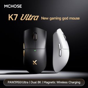 Hyekit MCHOSE K7 Ultra Wireless Esports - Mouse para juegos con base de carga magnética, sensor óptico PAW3950, sondeo dual de 8K, 42K DPI, 2.08 oz ligero, 5 botones programables, batería de 130 horas (negro)
