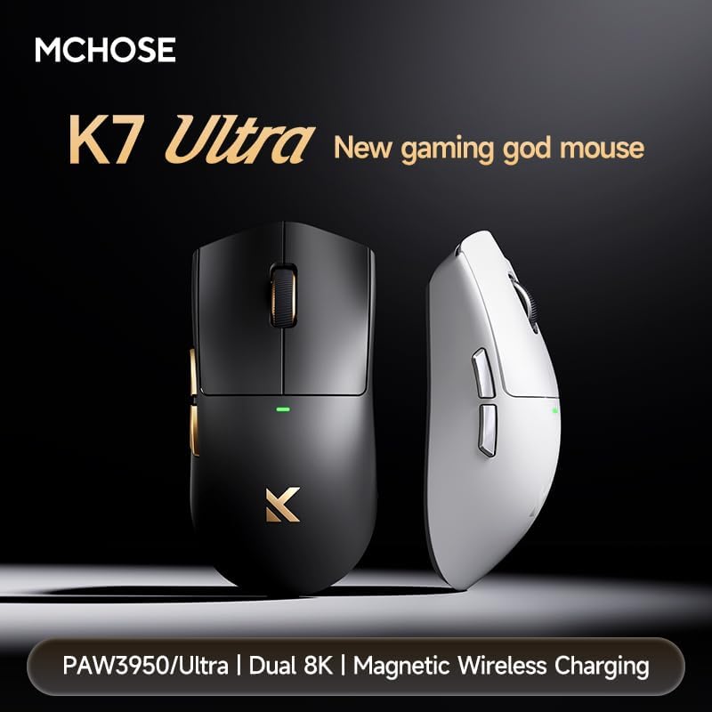 Hyekit MCHOSE K7 Ultra Wireless Esports - Mouse para juegos con base de carga magnética, sensor óptico PAW3950, sondeo dual de 8K, 42K DPI, 2.08 oz ligero, 5 botones programables, batería de 130 horas (negro)