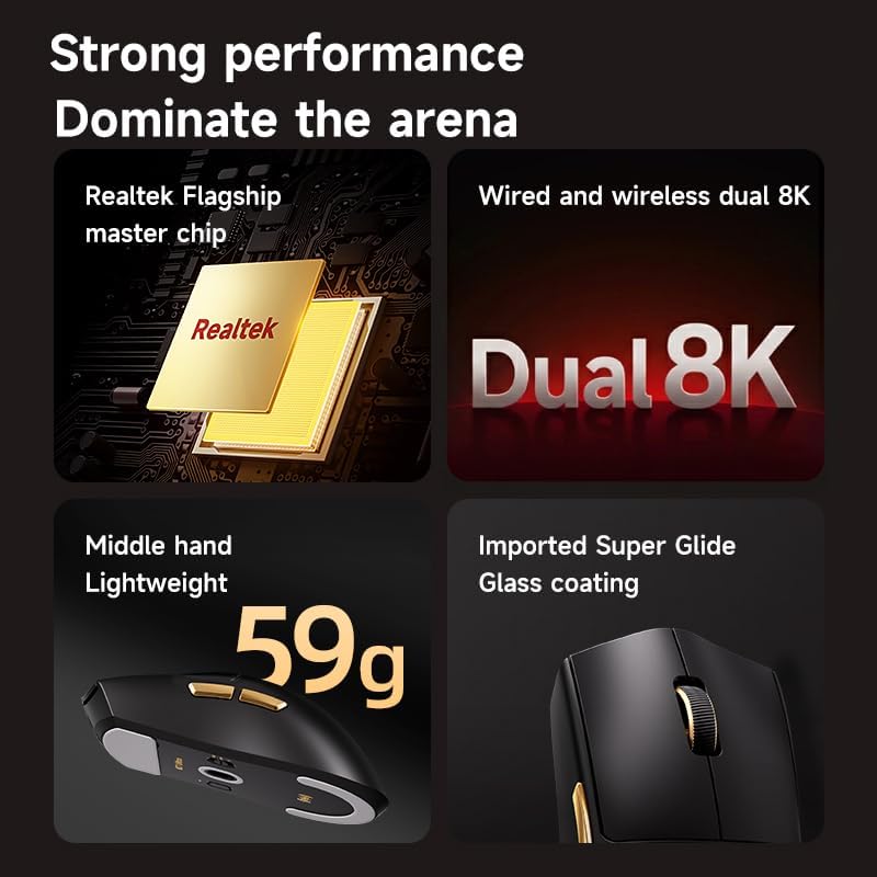 Hyekit MCHOSE K7 Ultra Wireless Esports - Mouse para juegos con base de carga magnética, sensor óptico PAW3950, sondeo dual de 8K, 42K DPI, 2.08 oz ligero, 5 botones programables, batería de 130 horas (negro)