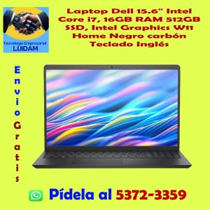 Laptop Dell 15.6" Intel Core i7, 16GB RAM 512GB SSD Intel Graphics W11 Home Negro carbón Teclado Inglés