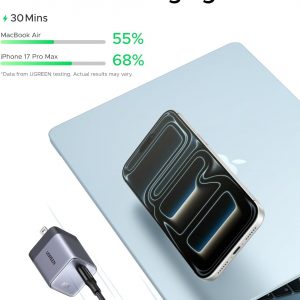 UGREEN Nexode Air - Cargador USB C de 65 W, mini cargador plegable de carga rápida con cable USB C, cargador GaN para MacBook Air/Neo/Pro, iPhone 17 16, Galaxy S26/S25, iPad, gris