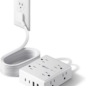 10Ft Extension Cord with Multiple Outlets, Flat Plug Surge Protector Power Strip 10 Ft Long Cord, 8 Outlets & 4 USB Ports (2 USB C), Desk Charging Station for Home Office, College Dorm Room Essentials