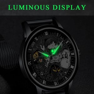 Reloj Mecánico de Esqueleto con Números Romanos y Correa de Malla para Hombre, Reloj Mecánico de Cuerda Manual con Malla Luminosa e Impermeable para Hombre