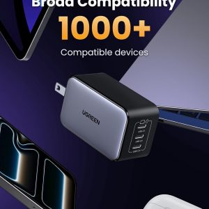 UGREEN Nexode 65W GaN Cargador de Pared USB C, Adaptador de Energía Rápida de 3 Puertos Tipo-C Compatible con iPhone Serie 17/16/15, Galaxy S25/S24, Pixel 10/9, MacBook Pro/Air, iPad Pro/Air, Steam