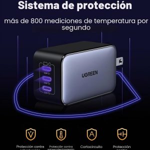 UGREEN Nexode 65W GaN Cargador de Pared USB C, Adaptador de Energía Rápida de 3 Puertos Tipo-C Compatible con iPhone Serie 17/16/15, Galaxy S25/S24, Pixel 10/9, MacBook Pro/Air, iPad Pro/Air, Steam