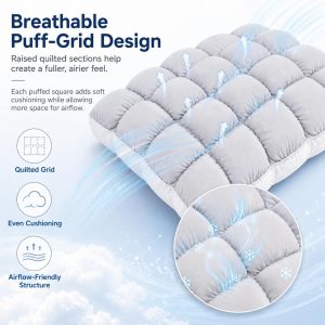 Mellow Puff Pillow for Sleeping - Cloud-Soft Ice-Silk Touch, Fluffy Down Alternative Fill, Breathable Quilted Grid Design, Machine Washable for All Sleepers (Blue)