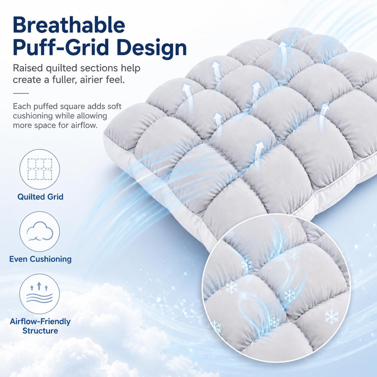 Mellow Puff Pillow for Sleeping - Cloud-Soft Ice-Silk Touch, Fluffy Down Alternative Fill, Breathable Quilted Grid Design, Machine Washable for All Sleepers (Blue)
