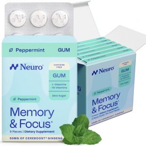 Neuro Memory & Focus - Goma de mascar nootrópico sin cafeína con ginseng cereboost, 60 mg de L-teanina y vitaminas B, suplemento de goma de mascar y claridad mental, sin azúcar, vegano, menta, 54