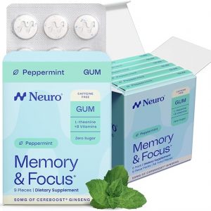 Neuro Memory & Focus - Goma de mascar nootrópico sin cafeína con ginseng cereboost, 60 mg de L-teanina y vitaminas B, suplemento de goma de mascar y claridad mental, sin azúcar, vegano, menta, 54