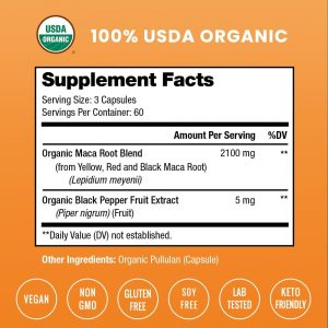 NutraChamps Cápsulas de Raíz de Maca Orgánica USDA para Mujeres y Hombres, 2100mg, 180 Cápsulas, Negra, Roja y Amarilla, Maca Peruana Peruana, Suplemento de Raíz Gelatinizada Pura Premium de Fuerza
