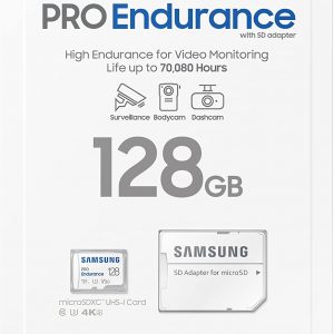 Samsung PRO Endurance - Tarjeta de memoria MicroSDXC de 128 GB con adaptador para cámara de tablero, cámara corporal y cámara de seguridad – Clase 10, U3, V30 (MB-MJ128KA/AM) | MicroSD para cámara de salpicadero, cámara corporal y cámara de seguridad – Clase 10, U1, V10 (‎MB-MJ128KA/AM)