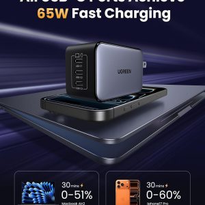 UGREEN Nexode 65W GaN Cargador de Pared USB C, Adaptador de Energía Rápida de 3 Puertos Tipo-C Compatible con iPhone Serie 17/16/15, Galaxy S25/S24, Pixel 10/9, MacBook Pro/Air, iPad Pro/Air, Steam