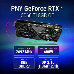 PNY NVIDIA GeForce RTX™ 5060 Ti OC Dual Fan, Graphics Card (8GB GDDR7, 128-bit, Boost Speed: 2692 MHz, SFF-Ready, PCIe® 5.0, HDMI®/DP 2.1, 2-Slot, NVIDIA Blackwell Architecture, DLSS 4)