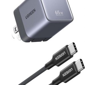 UGREEN Nexode Air - Cargador USB C de 65 W, mini cargador plegable de carga rápida con cable USB C, cargador GaN para MacBook Air/Neo/Pro, iPhone 17 16, Galaxy S26/S25, iPad, gris