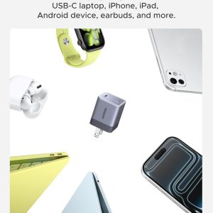 UGREEN Nexode Air - Cargador USB C de 65 W, mini cargador plegable de carga rápida con cable USB C, cargador GaN para MacBook Air/Neo/Pro, iPhone 17 16, Galaxy S26/S25, iPad, gris