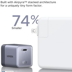 UGREEN Nexode Air - Cargador USB C de 65 W, mini cargador plegable de carga rápida con cable USB C, cargador GaN para MacBook Air/Neo/Pro, iPhone 17 16, Galaxy S26/S25, iPad, gris