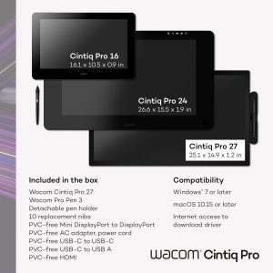 Wacom Cintiq Pro 27 Creative Pen Display (monitor de dibujo gráfico 4K con presión de lápiz 8192 y 99% Adobe RGB (DTH271K0A), color negro