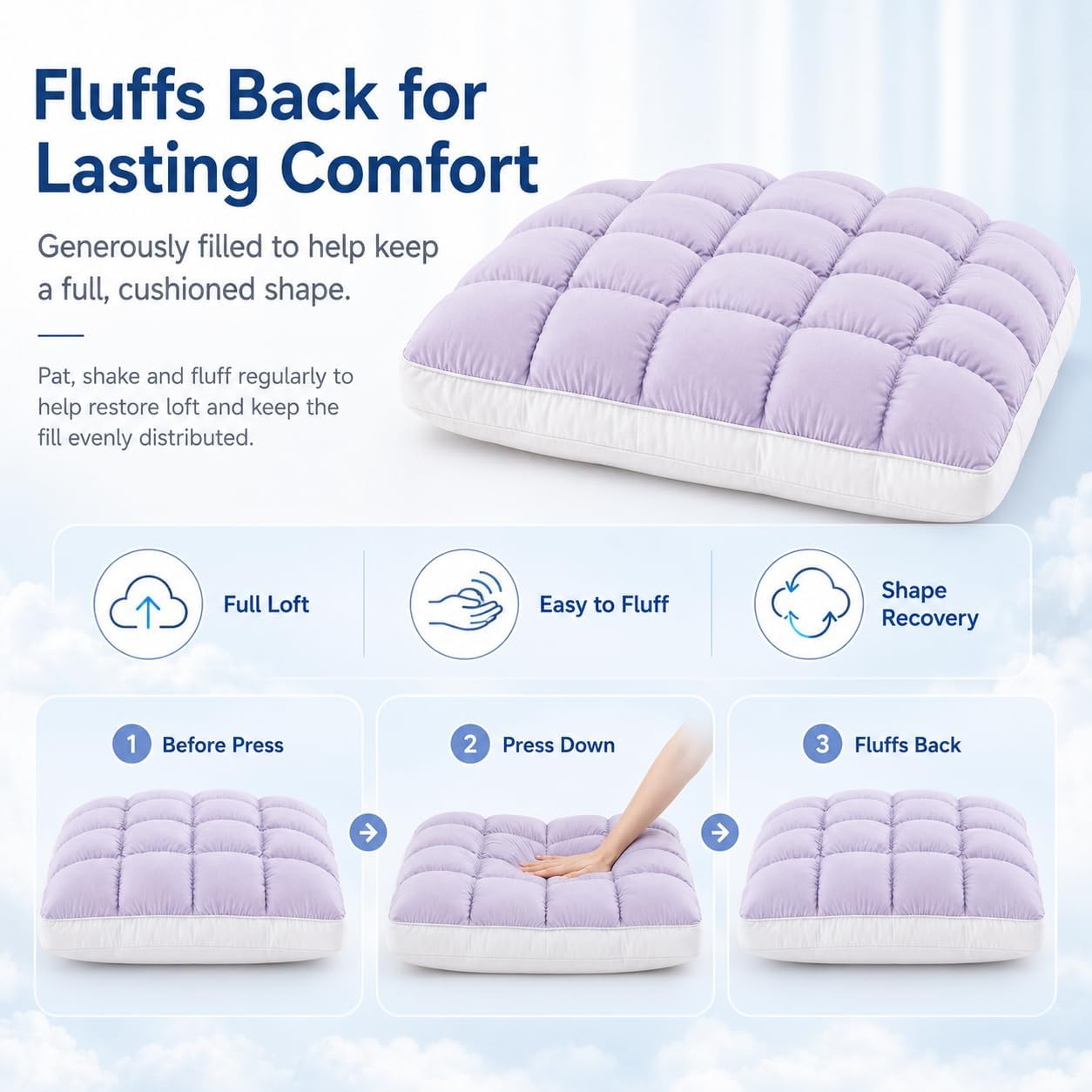 Mellow Puff Pillow for Sleeping - Cloud-Soft Ice-Silk Touch, Fluffy Down Alternative Fill, Breathable Quilted Grid Design, Machine Washable for All Sleepers (Blue)