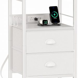 Furologee End Table with Charging Station, Nightstand with Fabric Drawers, Side Tables with USB Ports & Outlets, Night Stand with Storage Shelf & Hooks, for Living Room/Bedroom, White